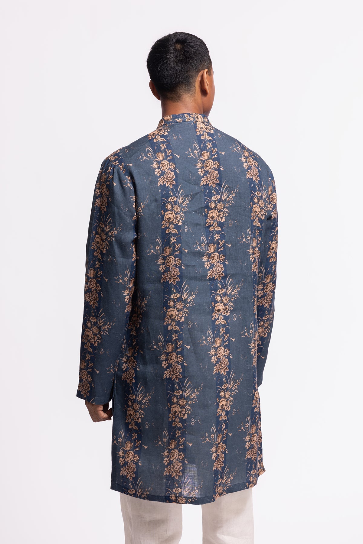 Men's Floral Printed Linen Short Kurta with Pockets