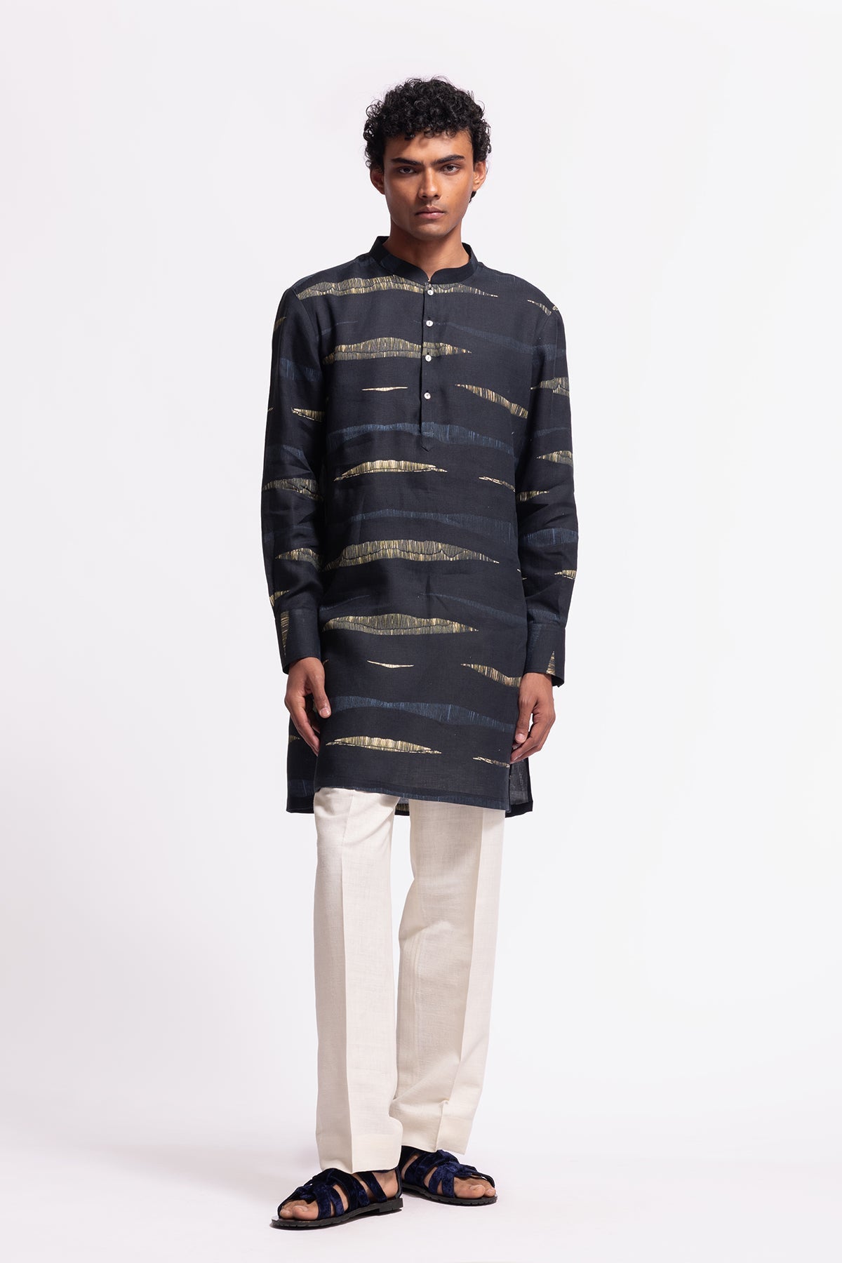 Men's Printed Linen Short Kurta