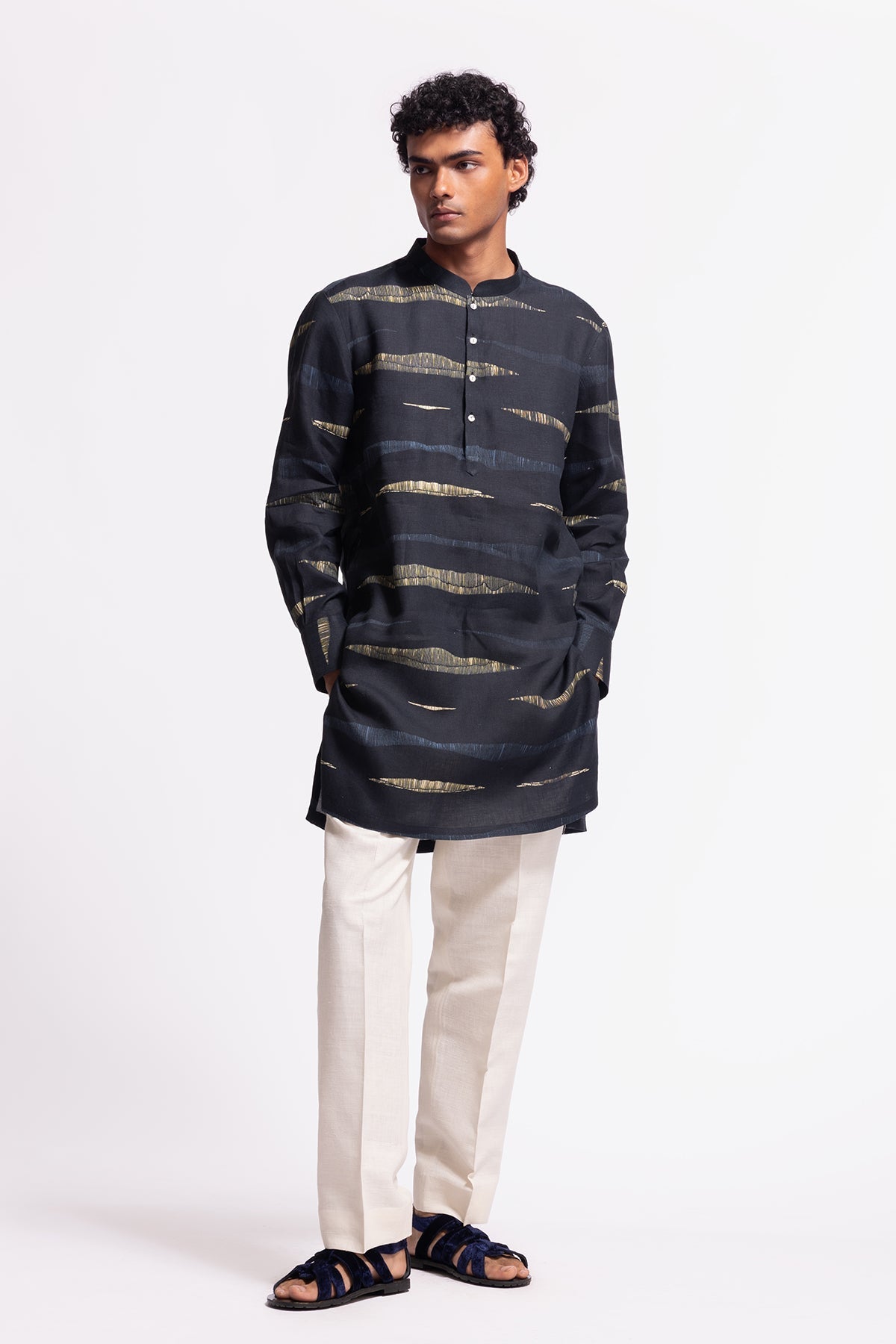 Men's Printed Linen Short Kurta