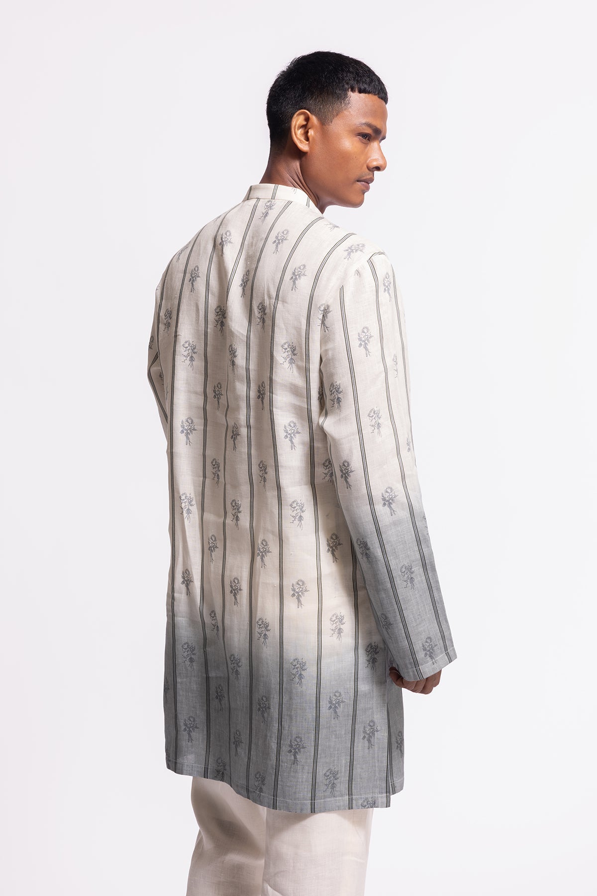 Men's Floral Printed Linen Short Kurta with Pockets