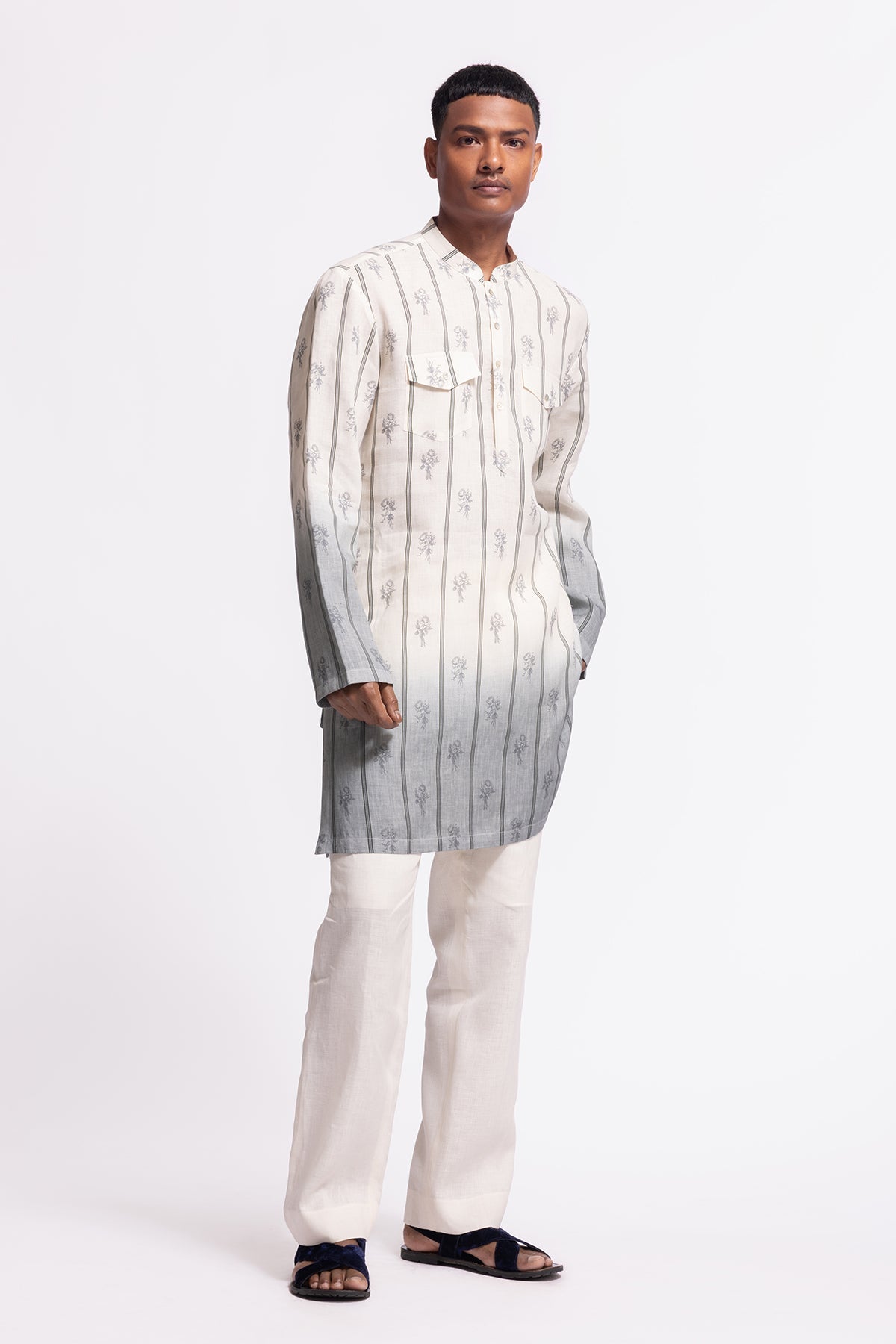 Men's Floral Printed Linen Short Kurta with Pockets