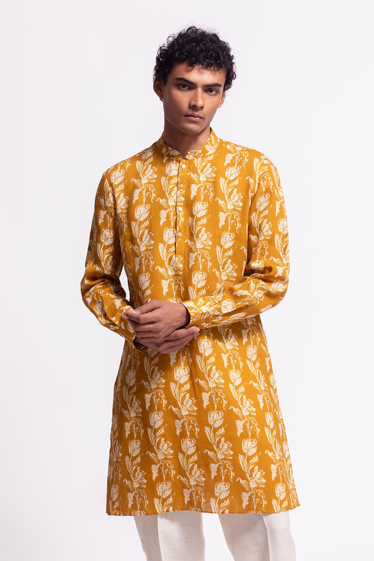 Men's Floral Printed Linen Short Kurta with Pockets