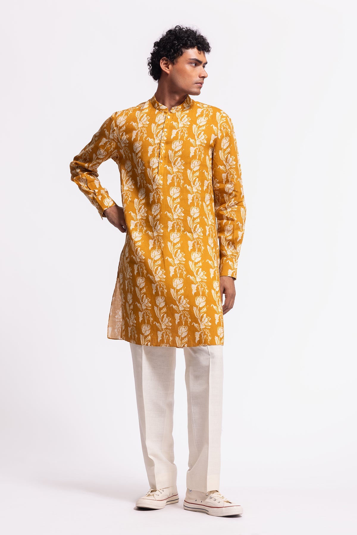 Men's Floral Printed Linen Short Kurta with Pockets