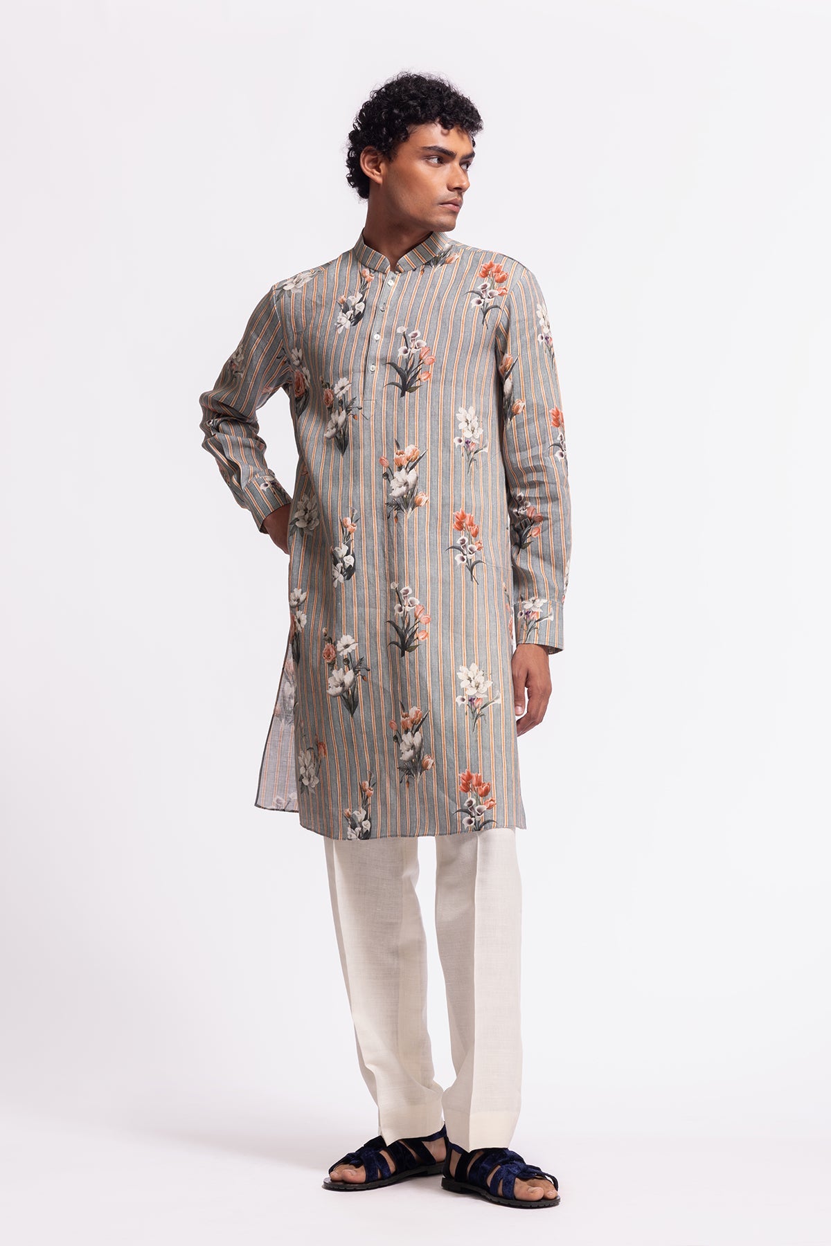 Men's Floral Printed Linen Short Kurta with Pockets