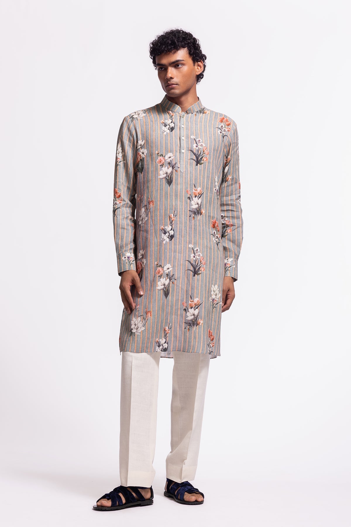 Men's Floral Printed Linen Short Kurta with Pockets