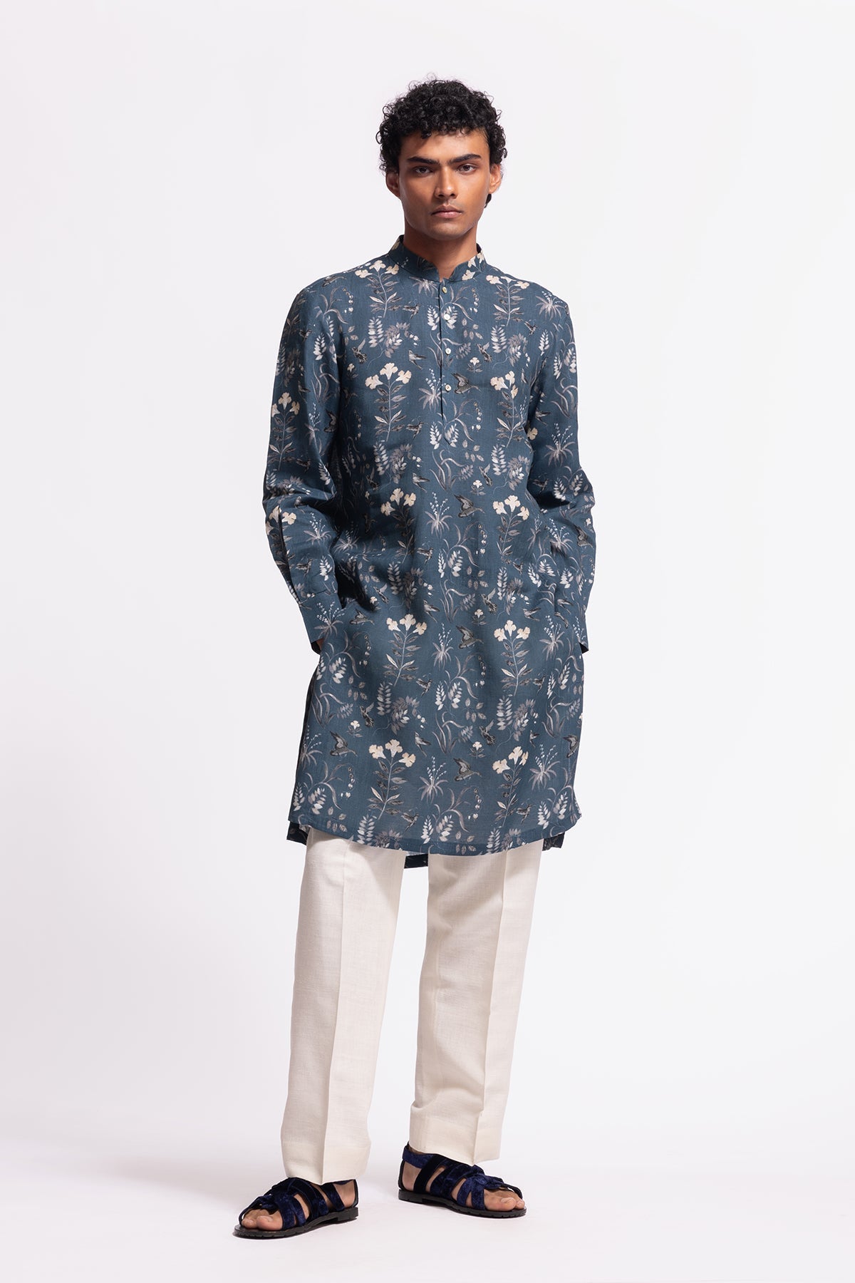 Men's Floral Printed Linen Short Kurta with Pockets