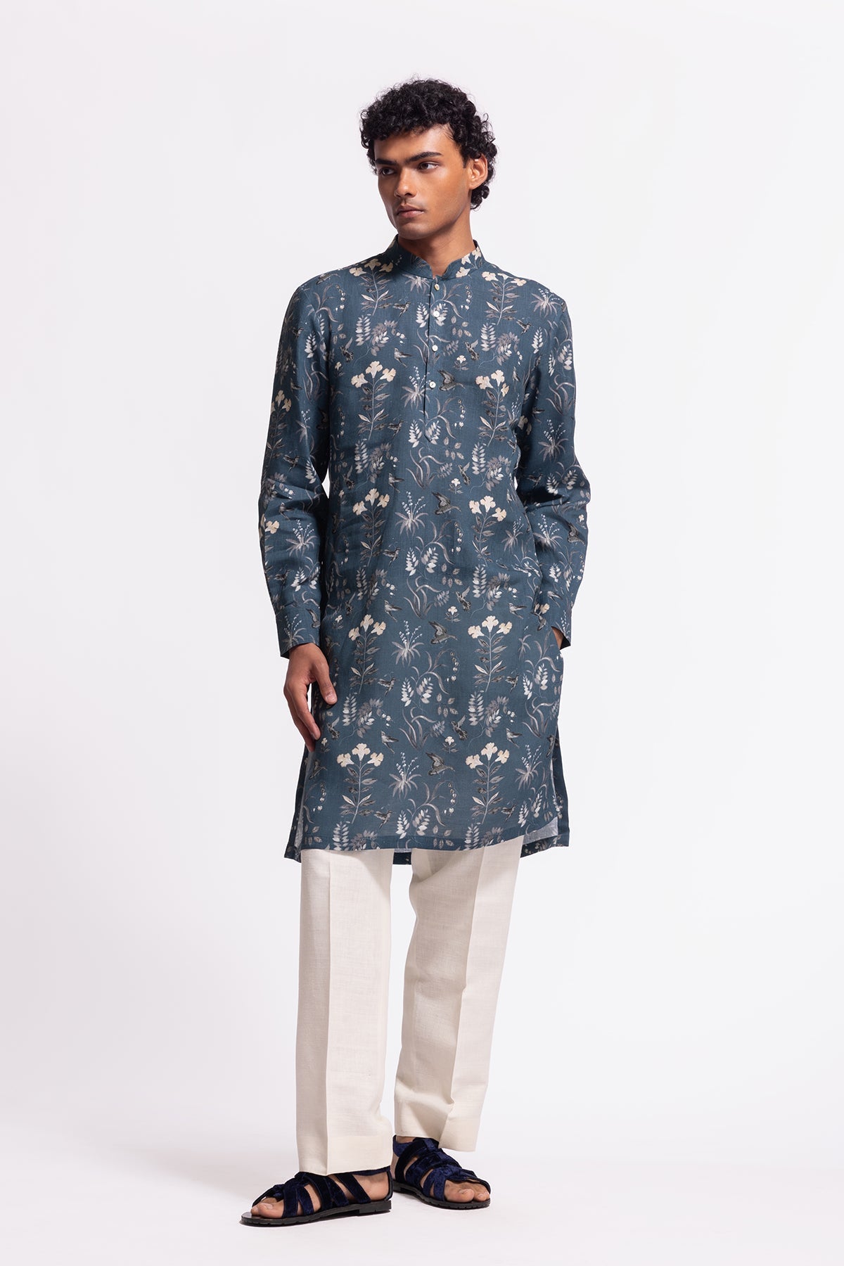 Men's Floral Printed Linen Short Kurta with Pockets