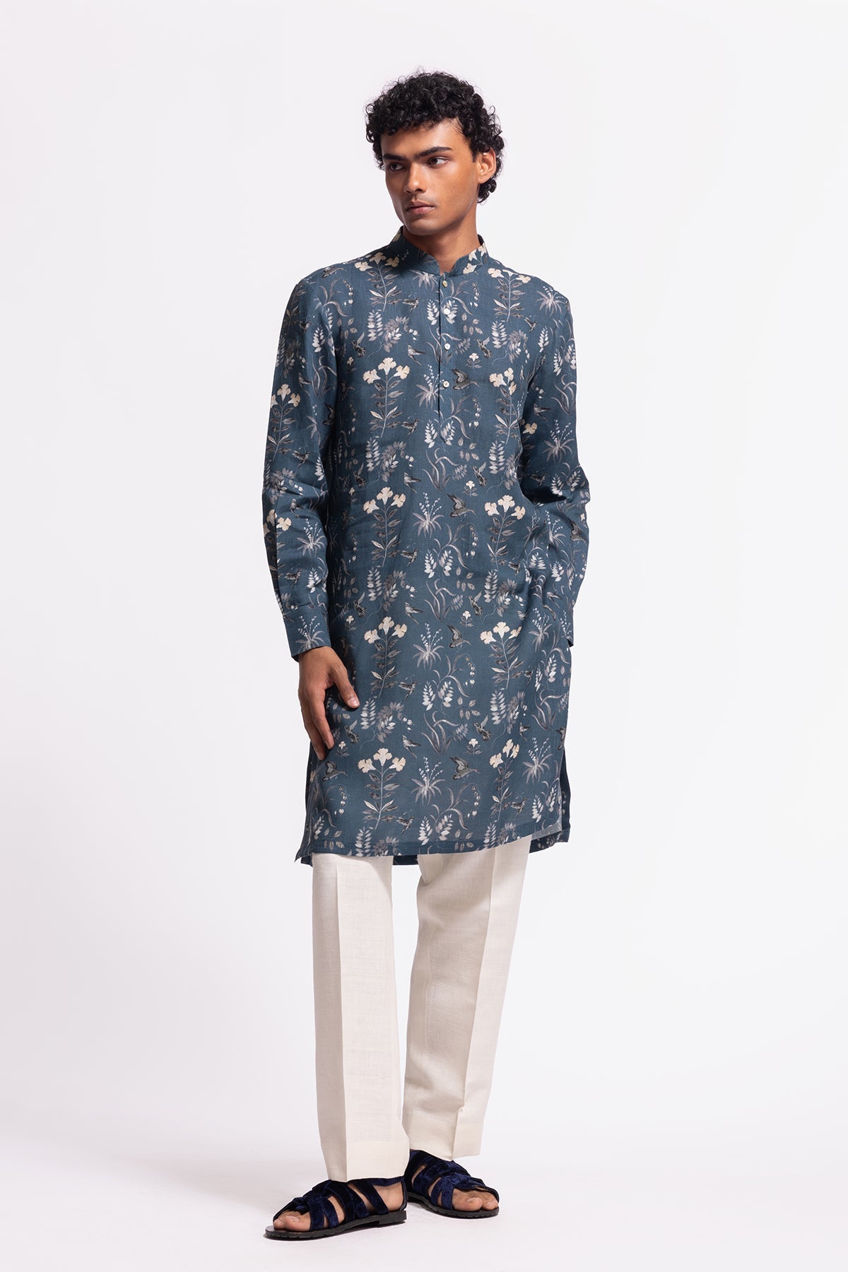 Men's Floral Printed Linen Short Kurta with Pockets