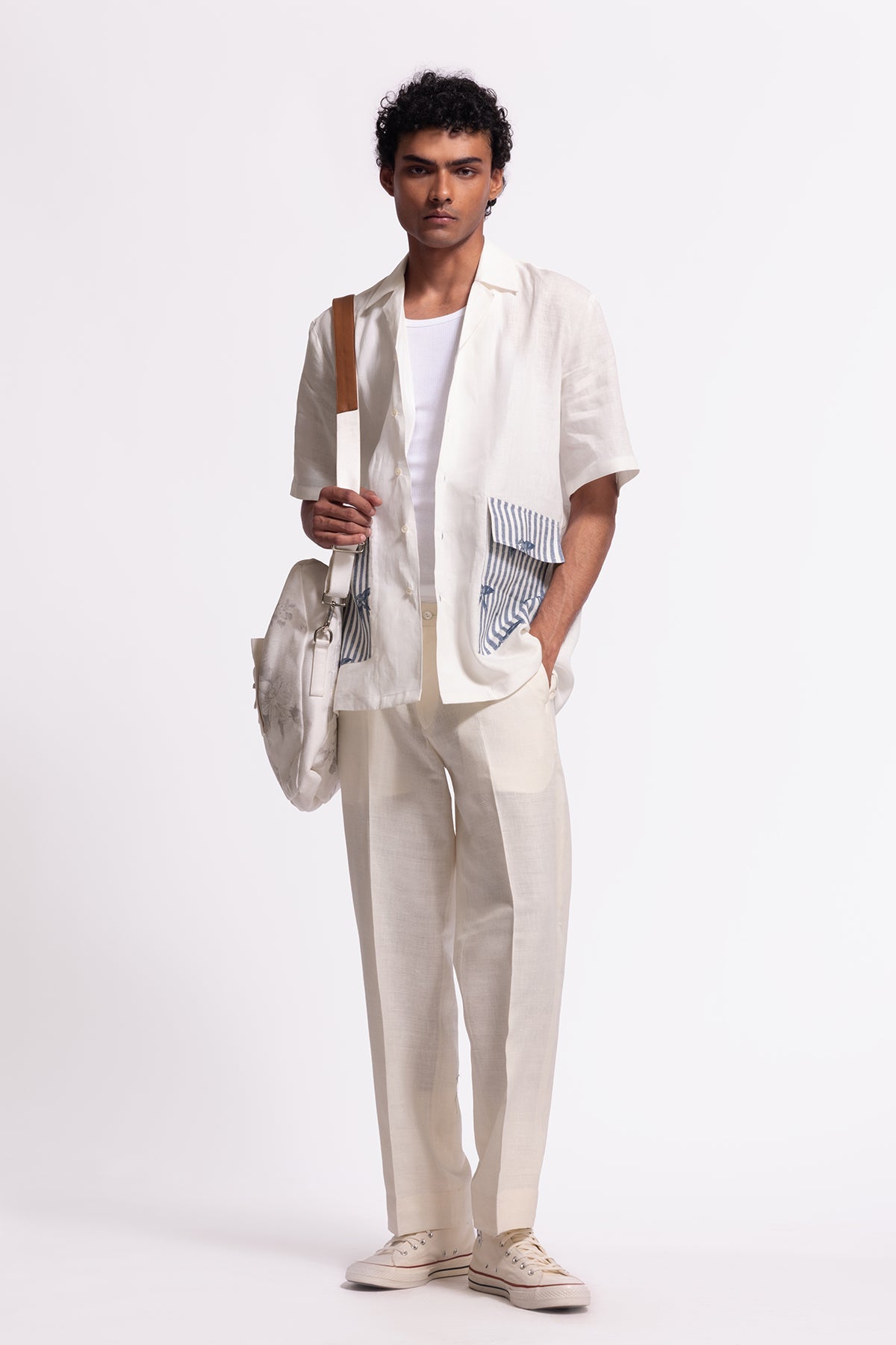 Men's Linen Shirt with Bird Printed Pocket