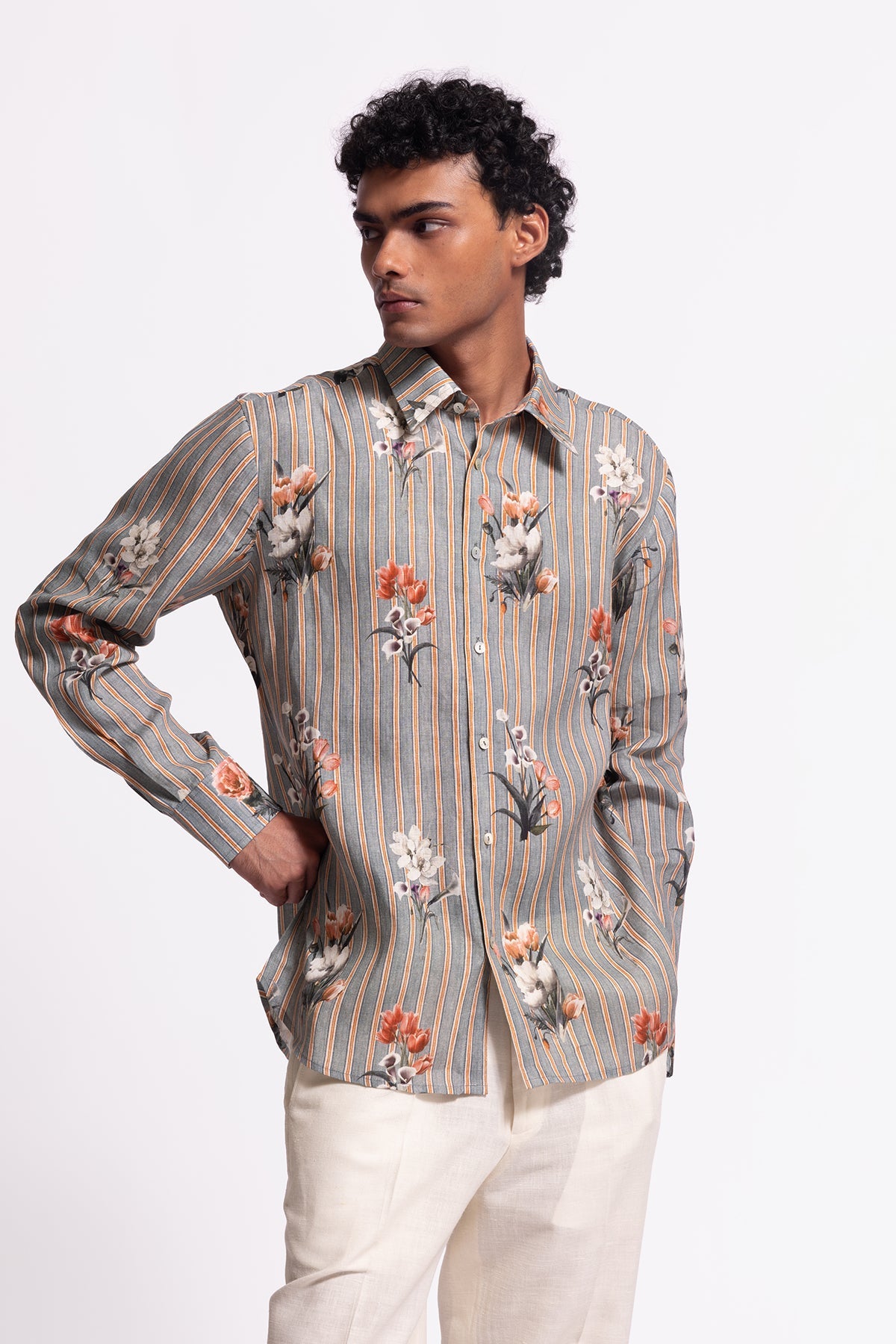 Men's Floral Print Linen Shirt