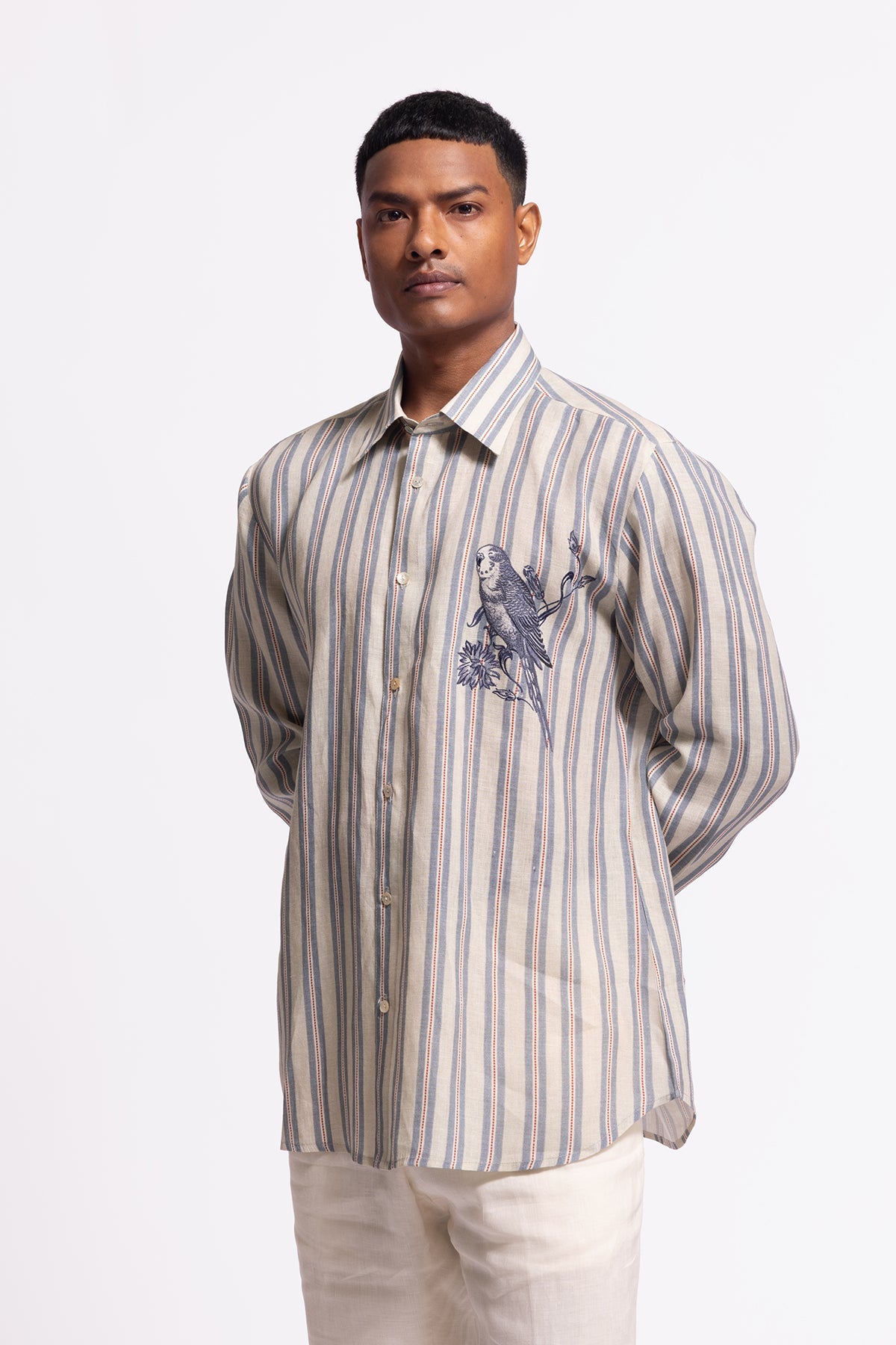 Men's Ivory Bird Print Linen Shirt