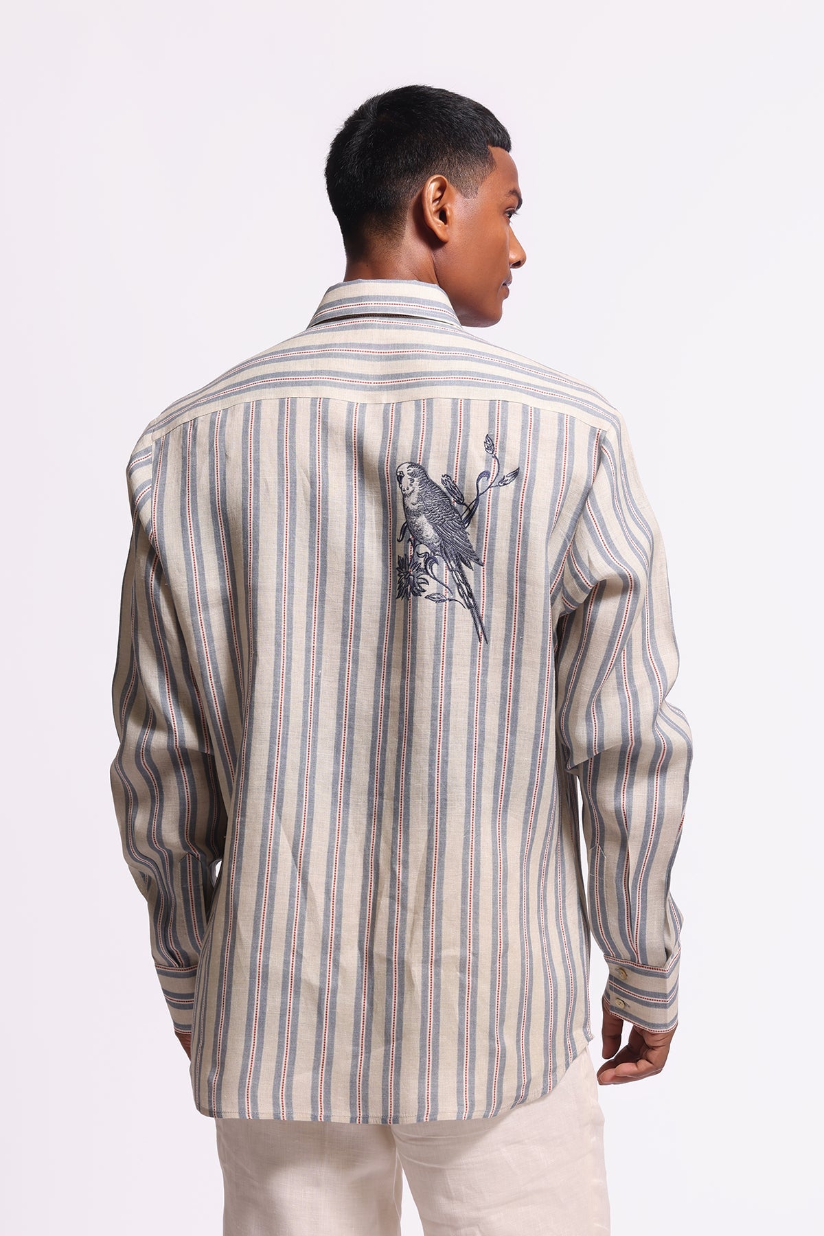 Men's Ivory Bird Print Linen Shirt