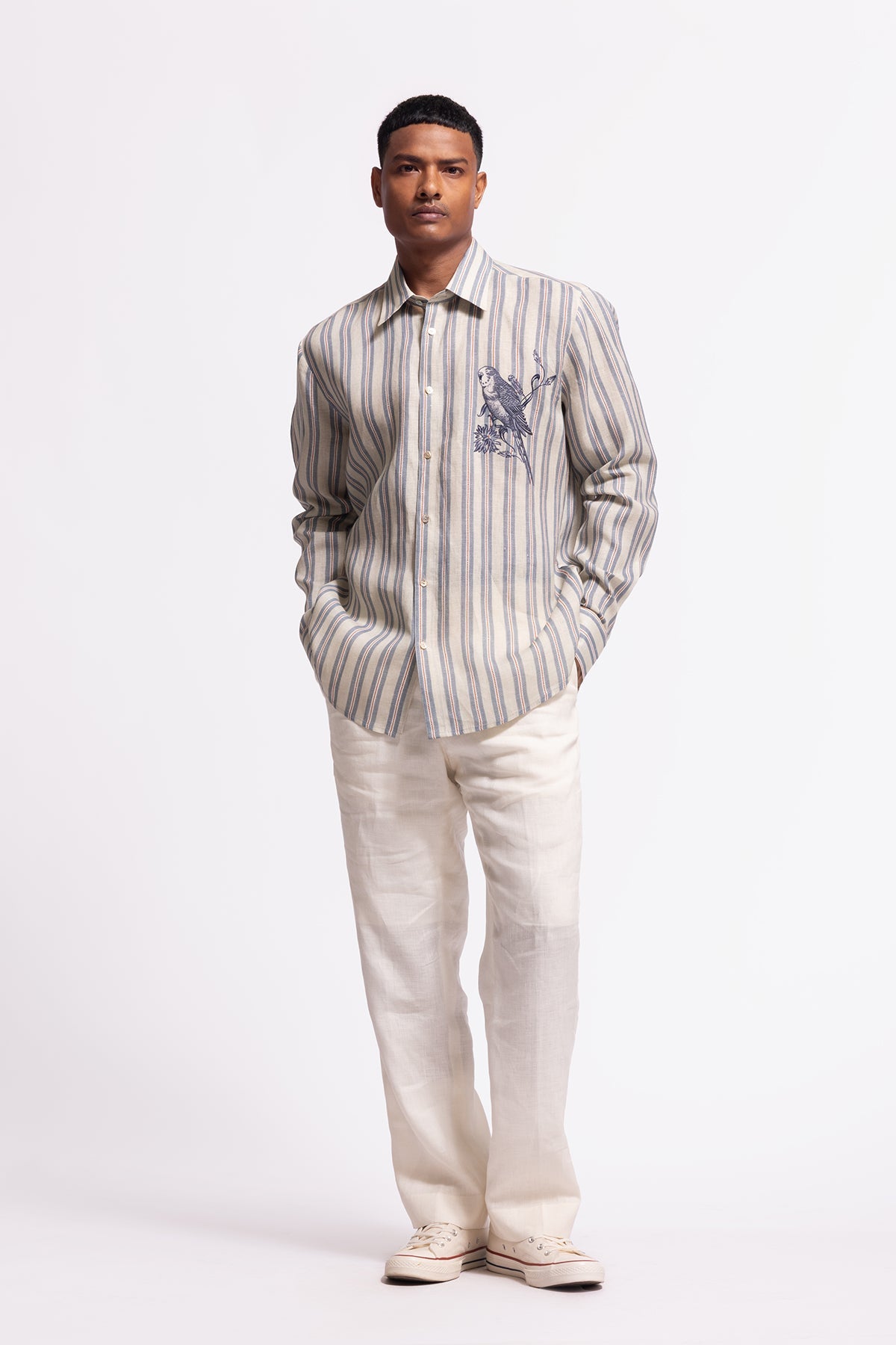Men's Ivory Bird Print Linen Shirt