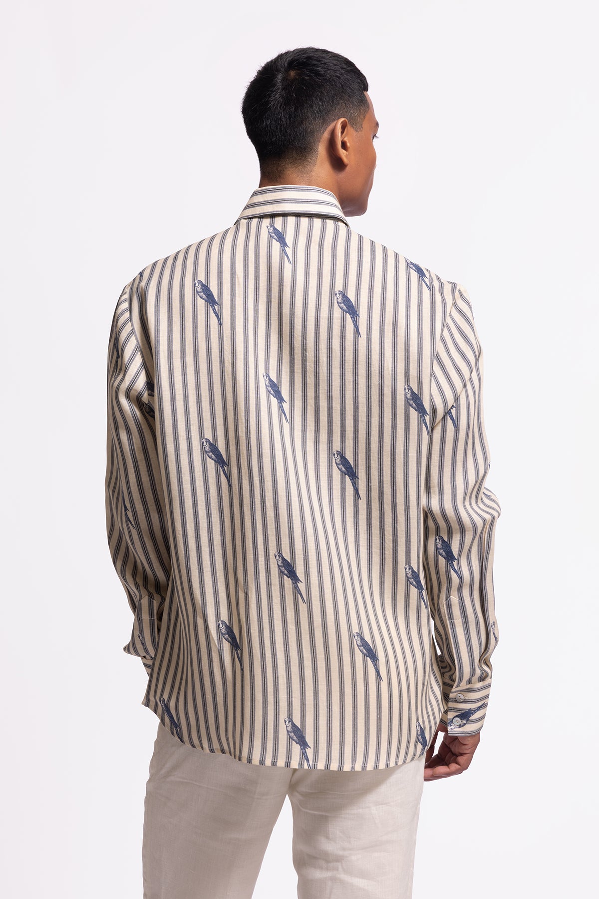 Men's Ivory Bird Print Linen Shirt