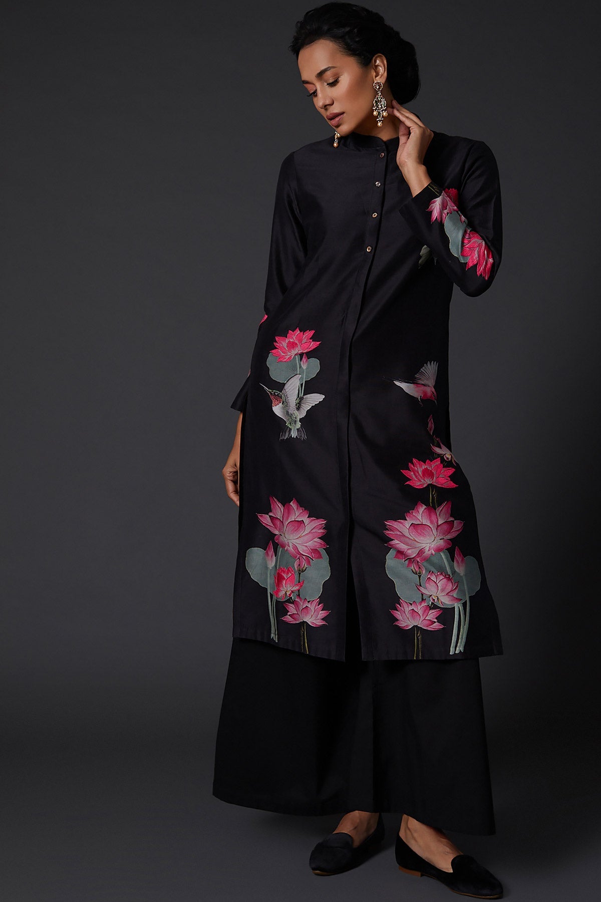 Black Printed & Embroidered Tunic Set-RTS