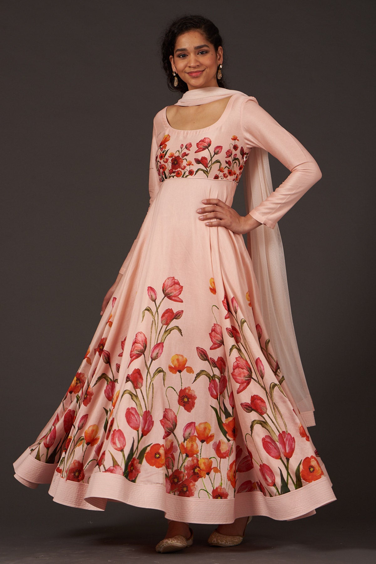 Chanderi Anarkali Set With Digital Printed Rose Pink