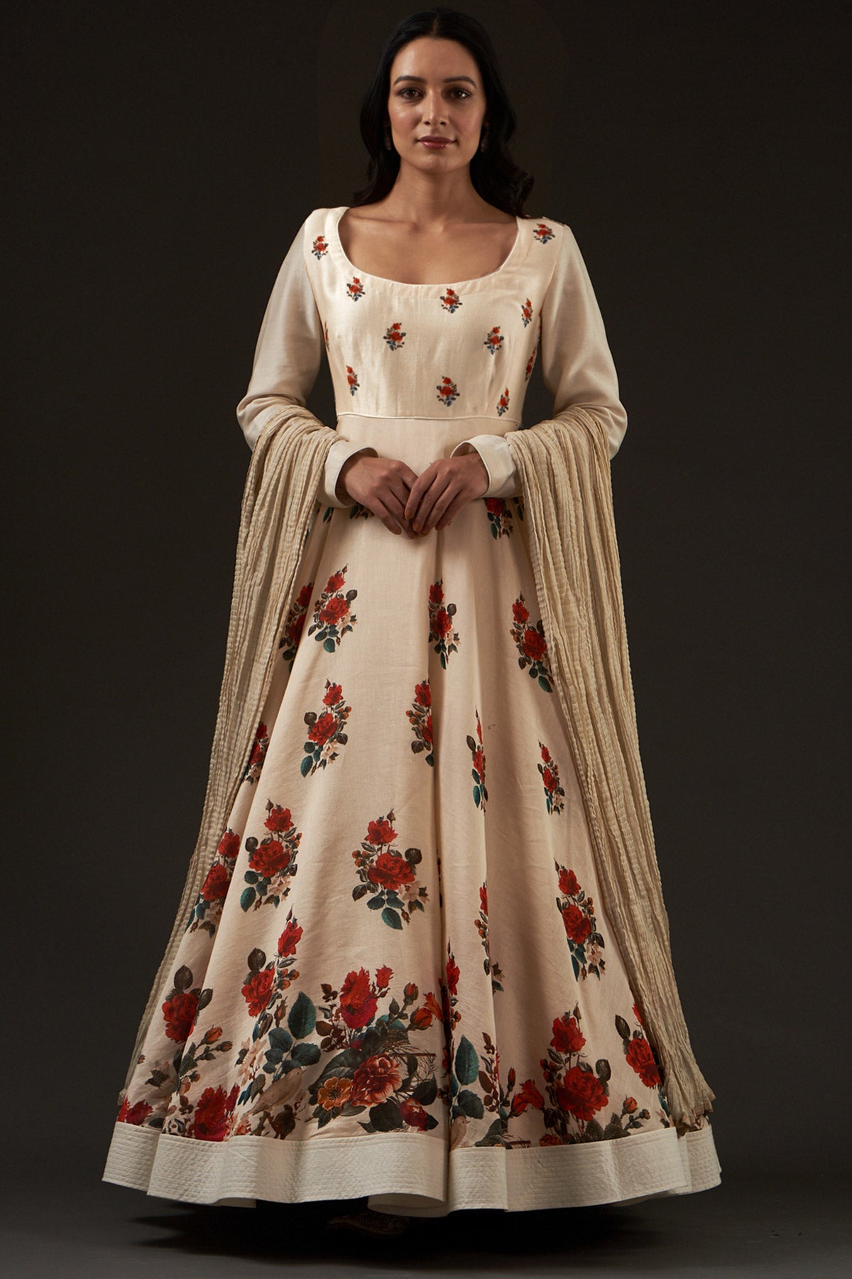 Chanderi Printed Anarkali Paired With Crinkled Chanderi Dupatta