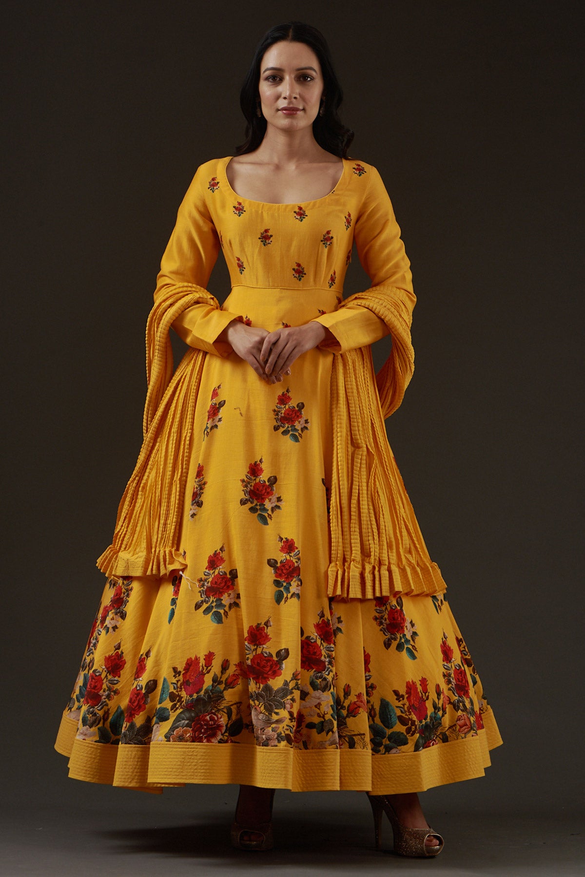 Chanderi Printed Anarkali Paired With Crinkled Chanderi Dupatta