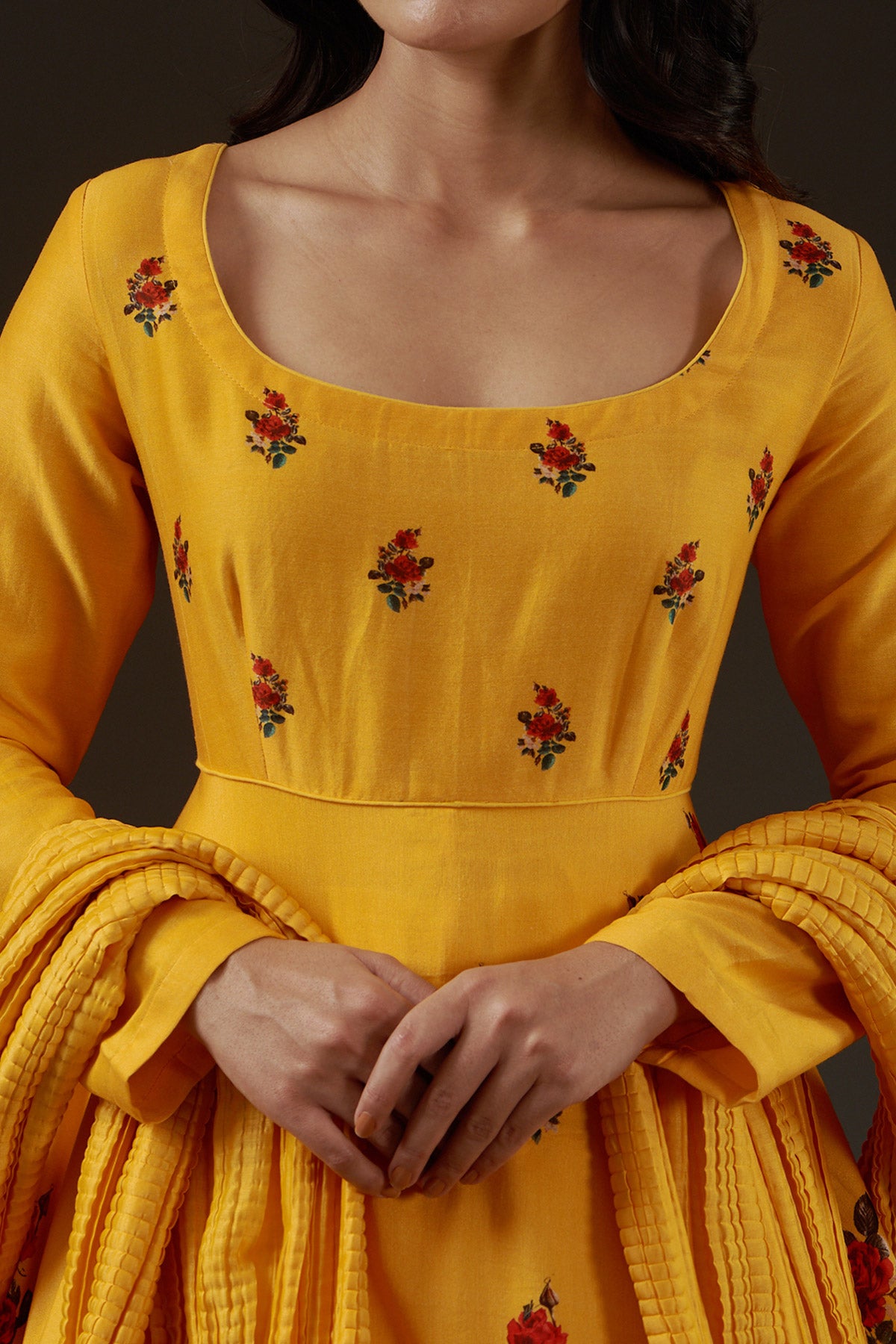 Chanderi Printed Anarkali Paired With Crinkled Chanderi Dupatta