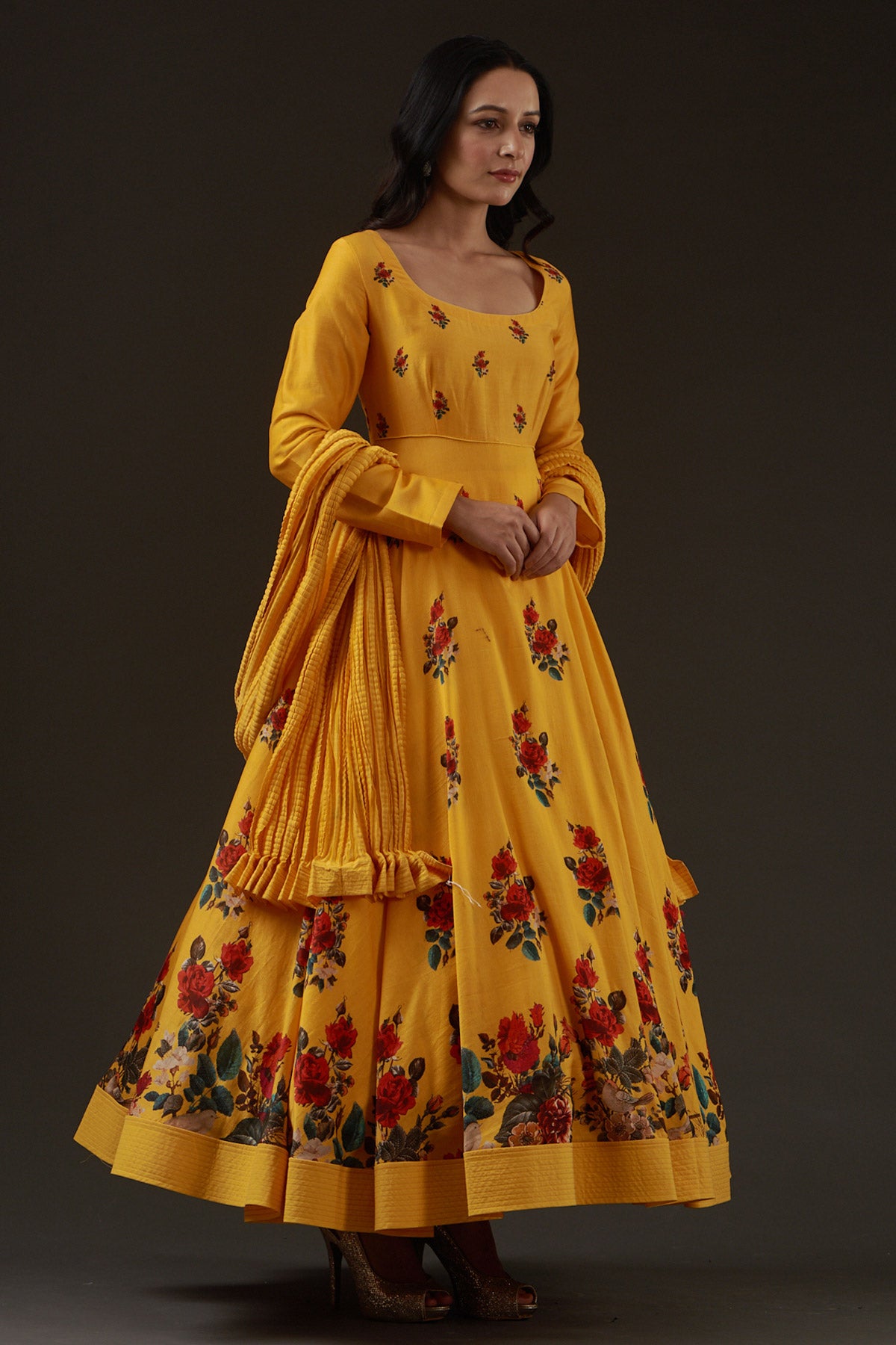 Chanderi Printed Anarkali Paired With Crinkled Chanderi Dupatta