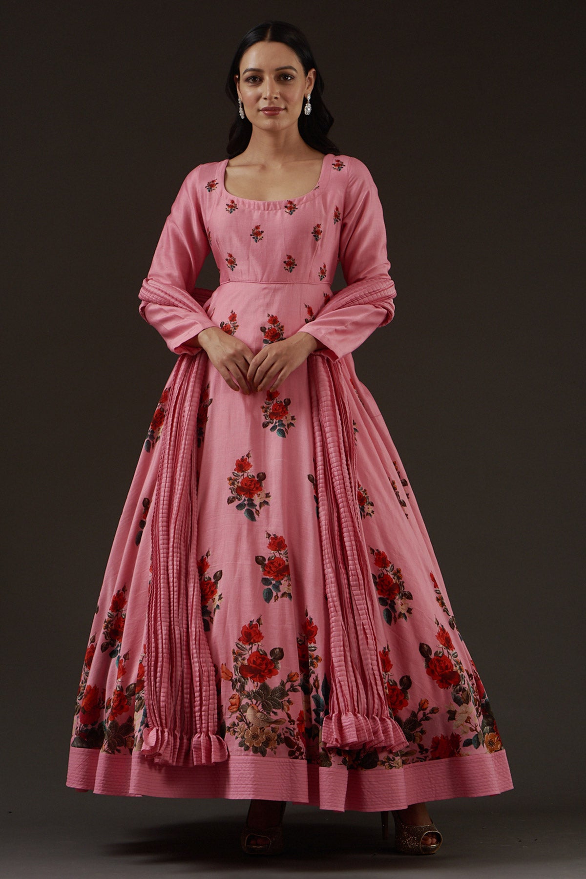 Chanderi Printed Anarkali Paired With Crinkled Chanderi Dupatta