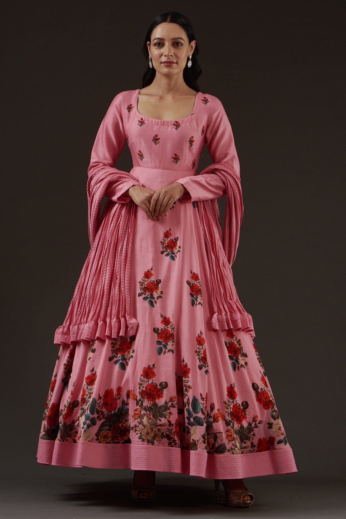 Chanderi Printed Anarkali Paired With Crinkled Chanderi Dupatta