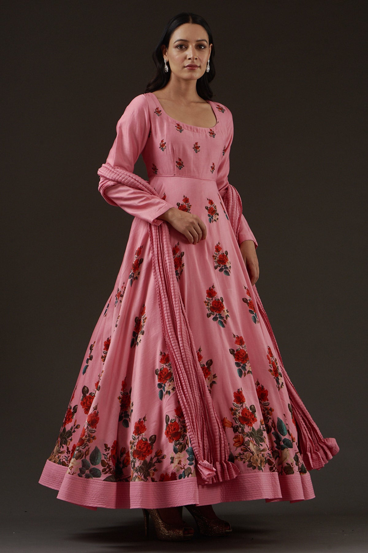 Chanderi Printed Anarkali Paired With Crinkled Chanderi Dupatta