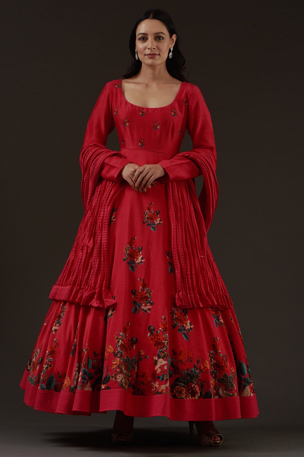 Chanderi Printed Anarkali Paired With Crinkled Chanderi Dupatta
