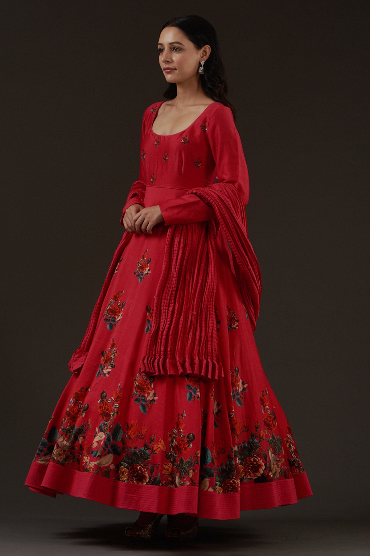 Chanderi Printed Anarkali Paired With Crinkled Chanderi Dupatta