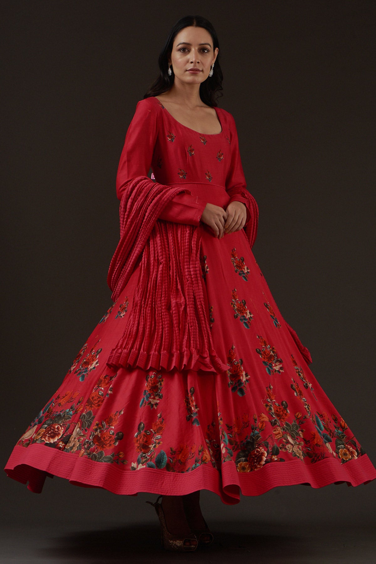 Chanderi Printed Anarkali Paired With Crinkled Chanderi Dupatta