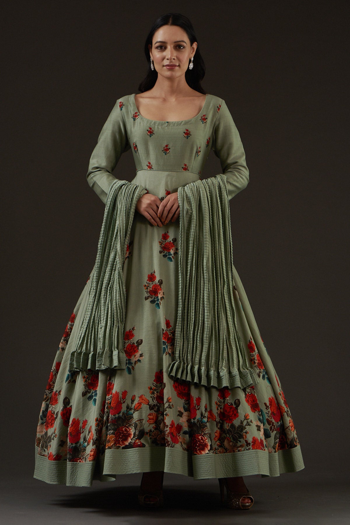 Chanderi Printed Anarkali Paired With Crinkled Chanderi Dupatta