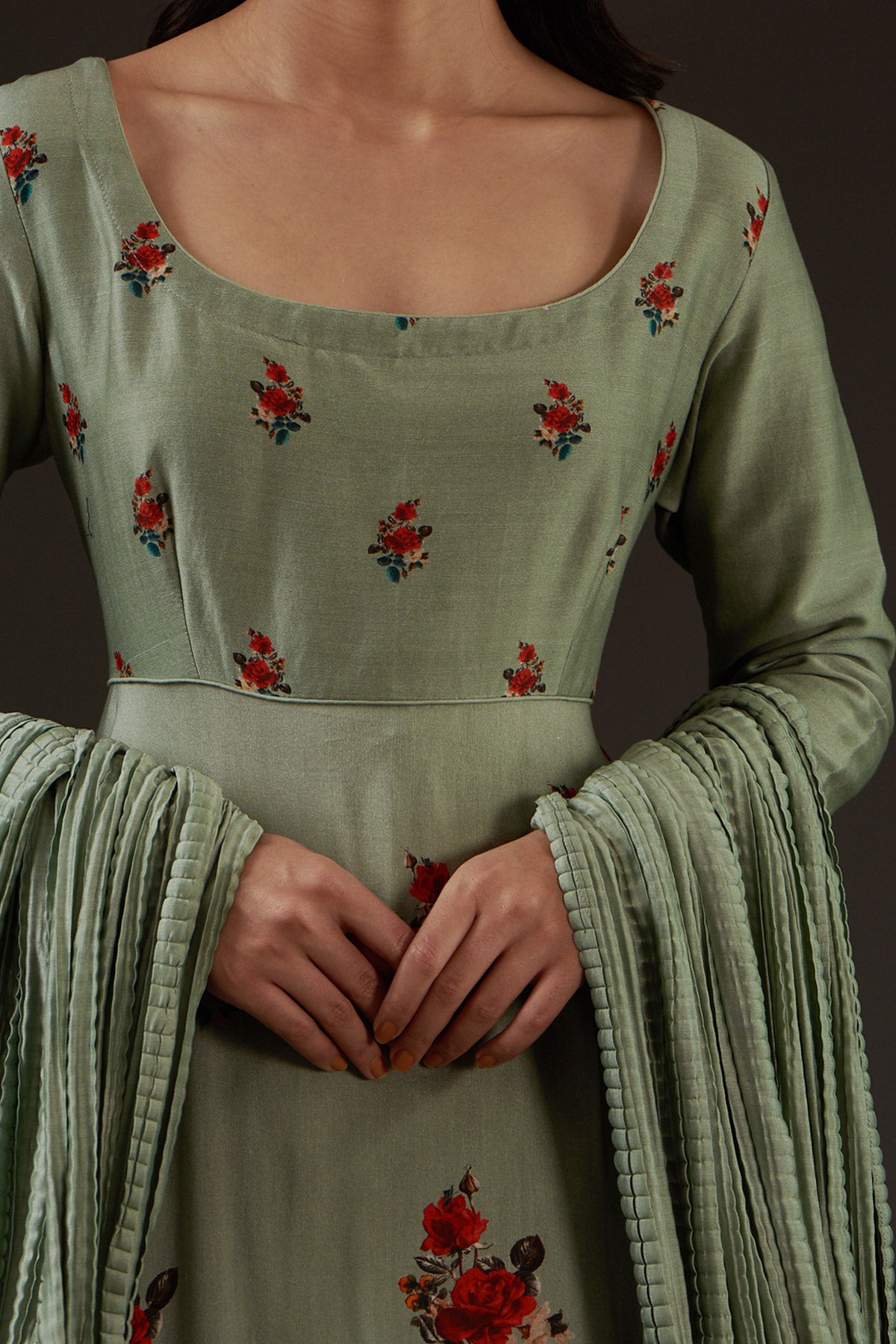 Chanderi Printed Anarkali Paired With Crinkled Chanderi Dupatta