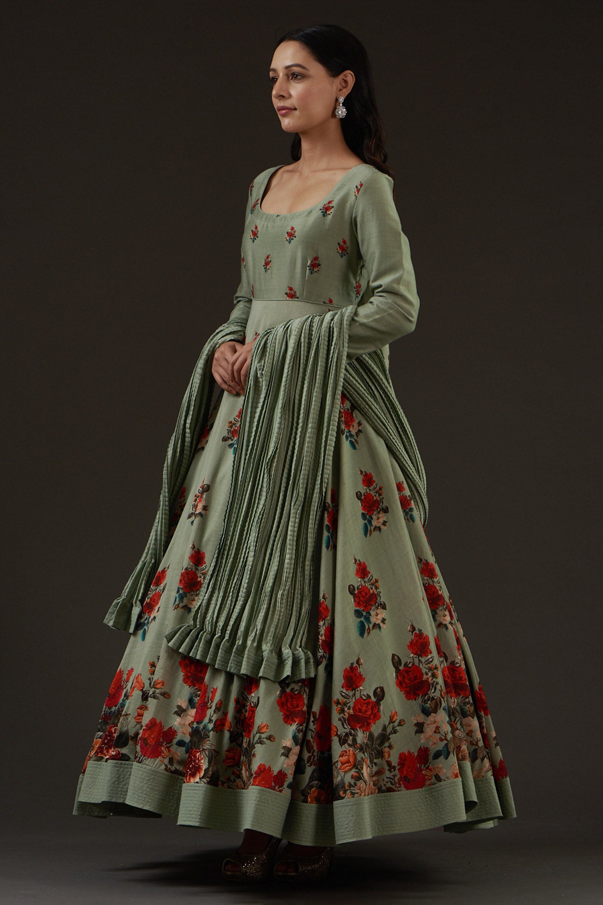 Chanderi Printed Anarkali Paired With Crinkled Chanderi Dupatta
