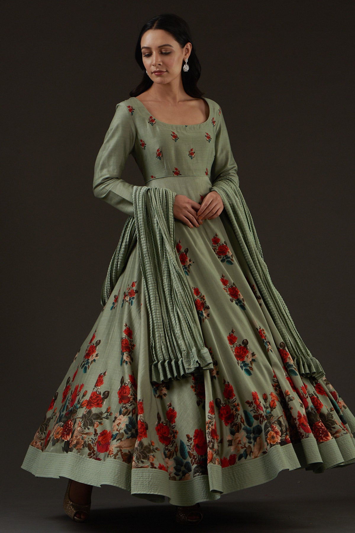 Chanderi Printed Anarkali Paired With Crinkled Chanderi Dupatta