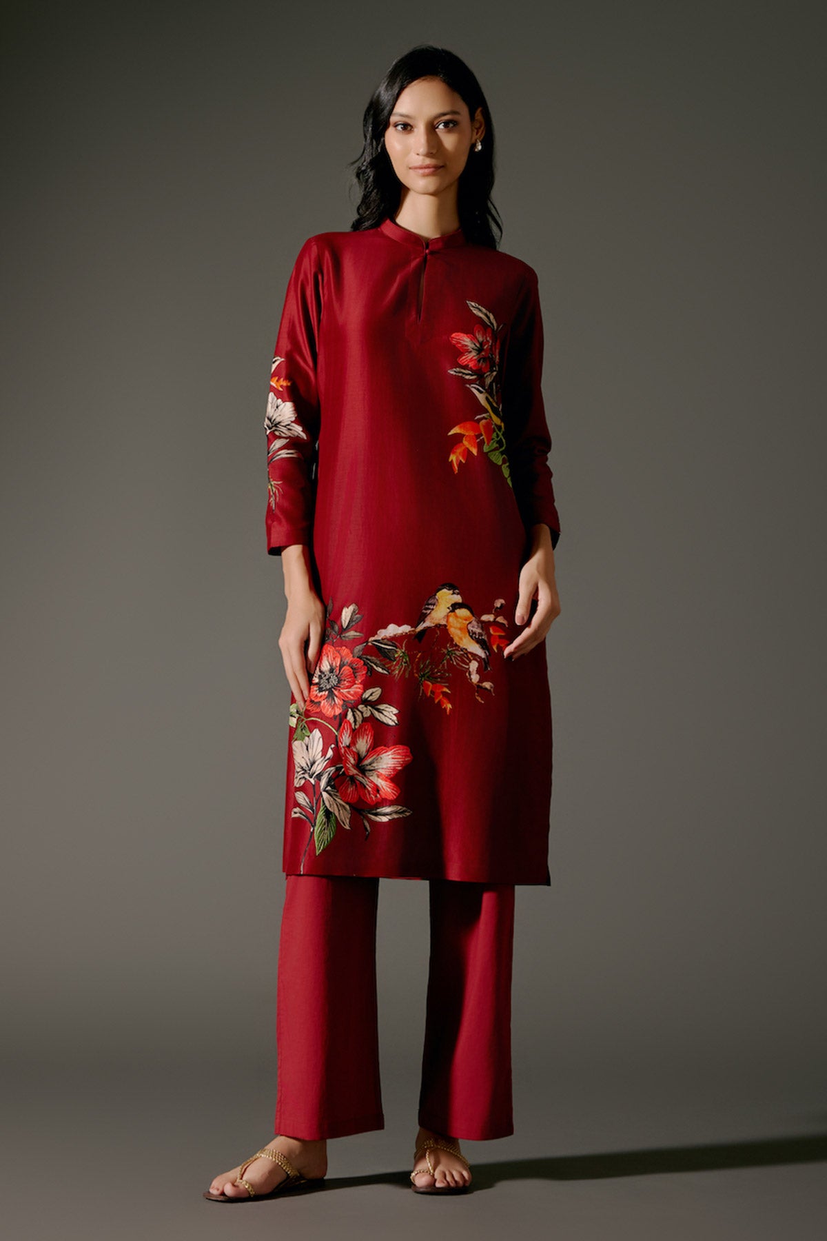 Wine Chanderi Kurta Set With Digital Print & Embroidery & Volie Pant