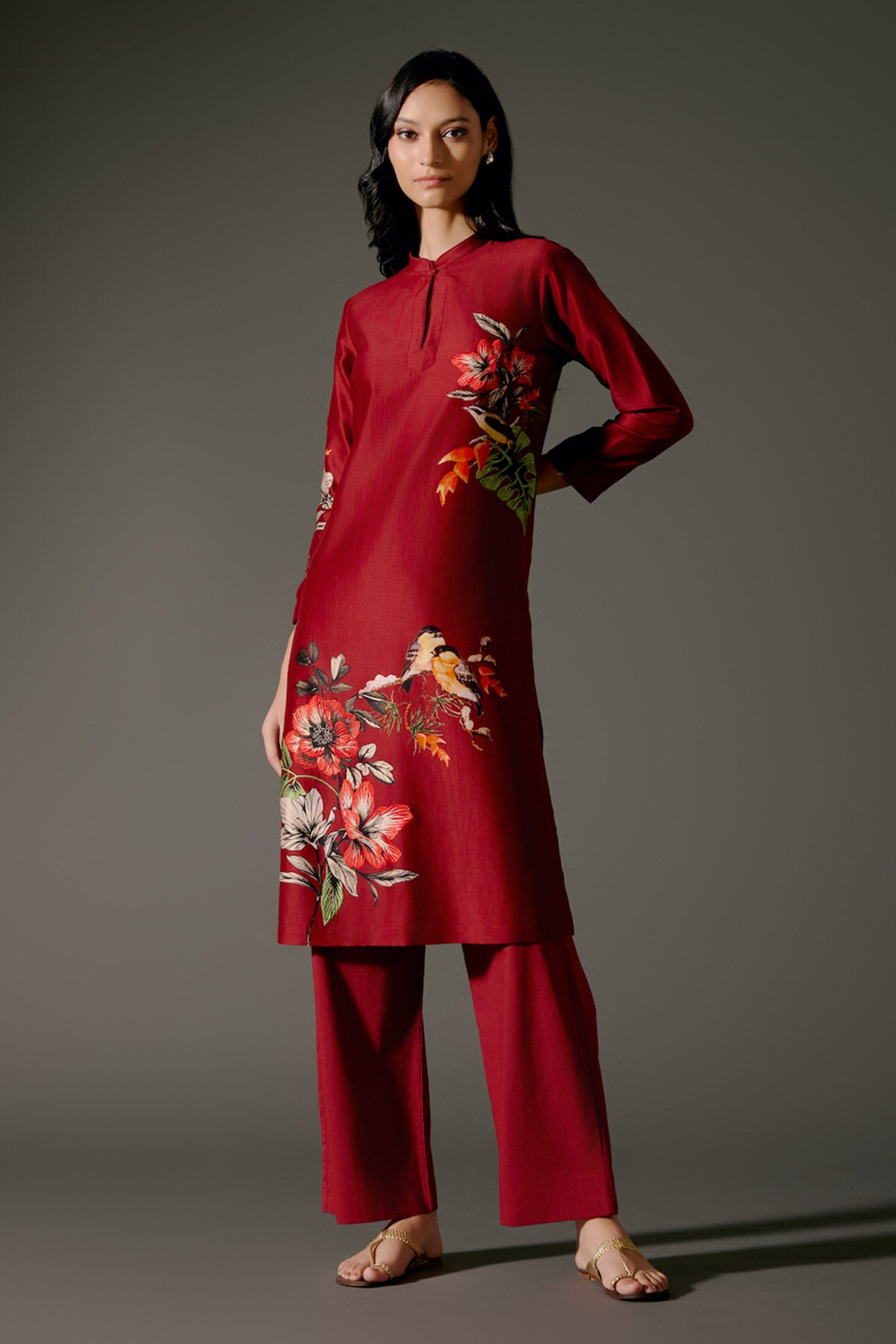 Wine Chanderi Kurta Set With Digital Print & Embroidery & Volie Pant