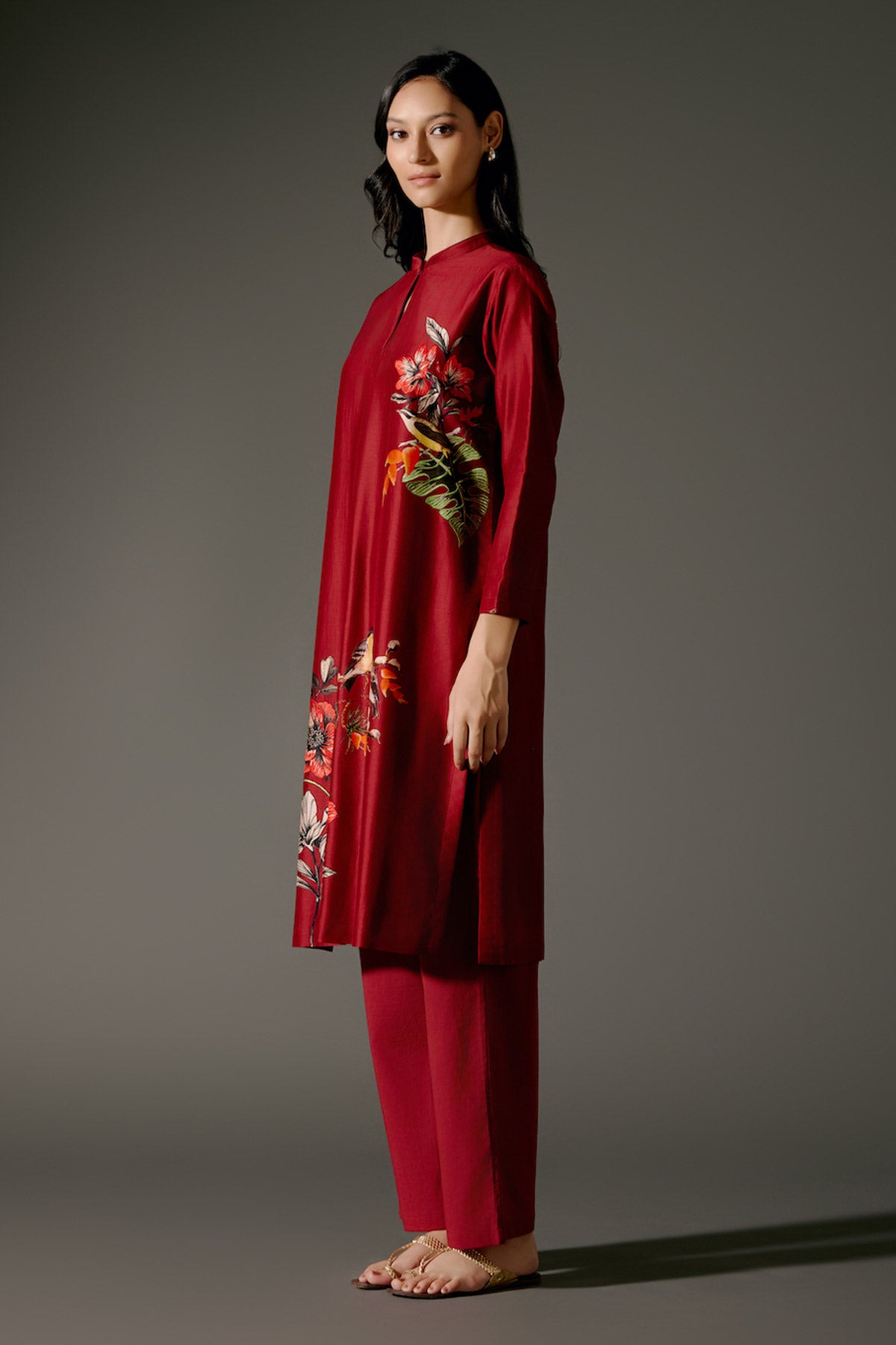 Wine Chanderi Kurta Set With Digital Print & Embroidery & Volie Pant