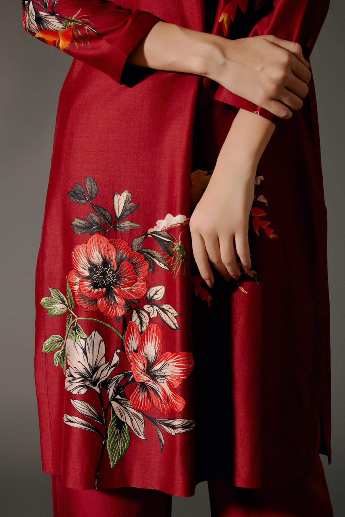 Wine Chanderi Kurta Set With Digital Print & Embroidery & Volie Pant