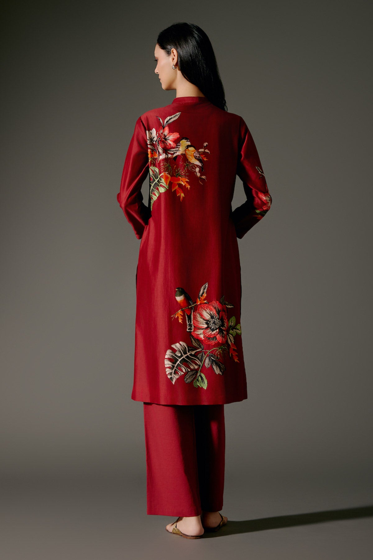 Wine Chanderi Kurta Set With Digital Print & Embroidery & Volie Pant