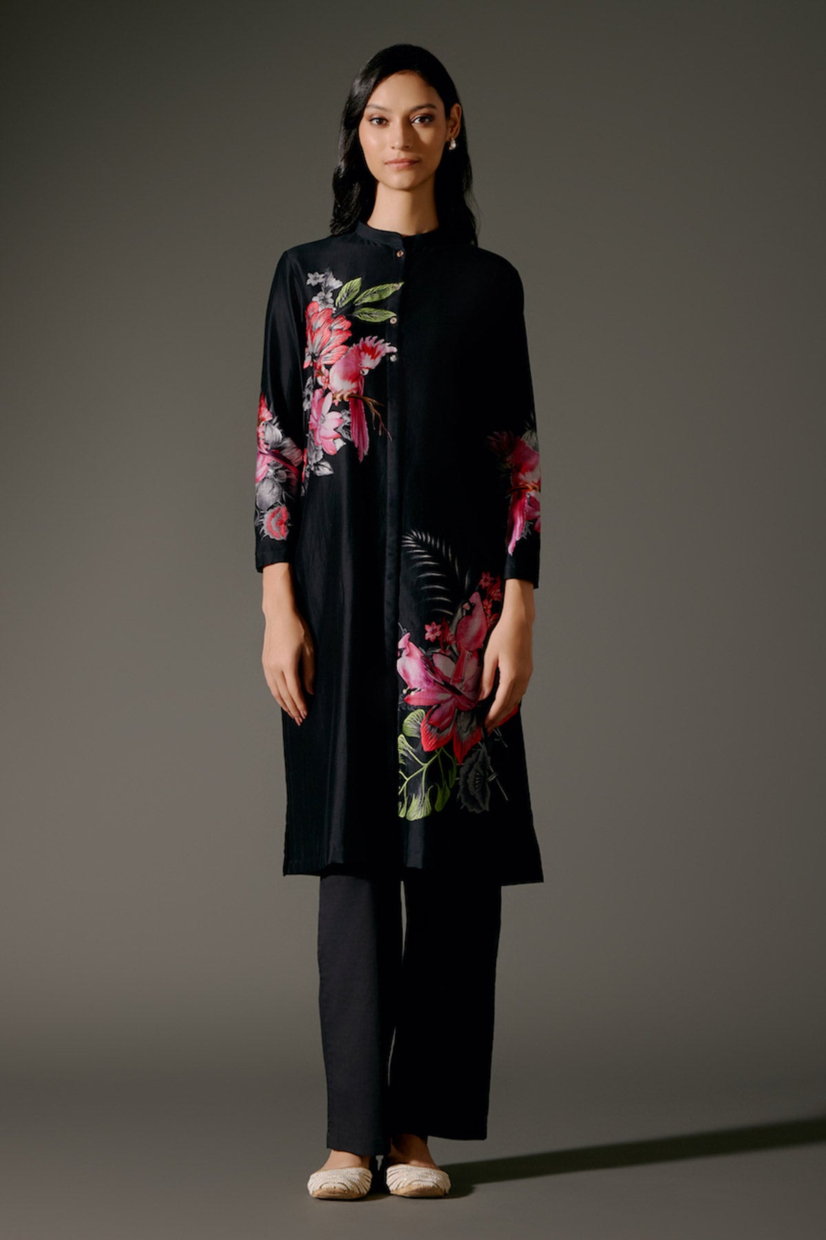 Black Chanderi Kurta Set With Embroidery & Volie Pant
