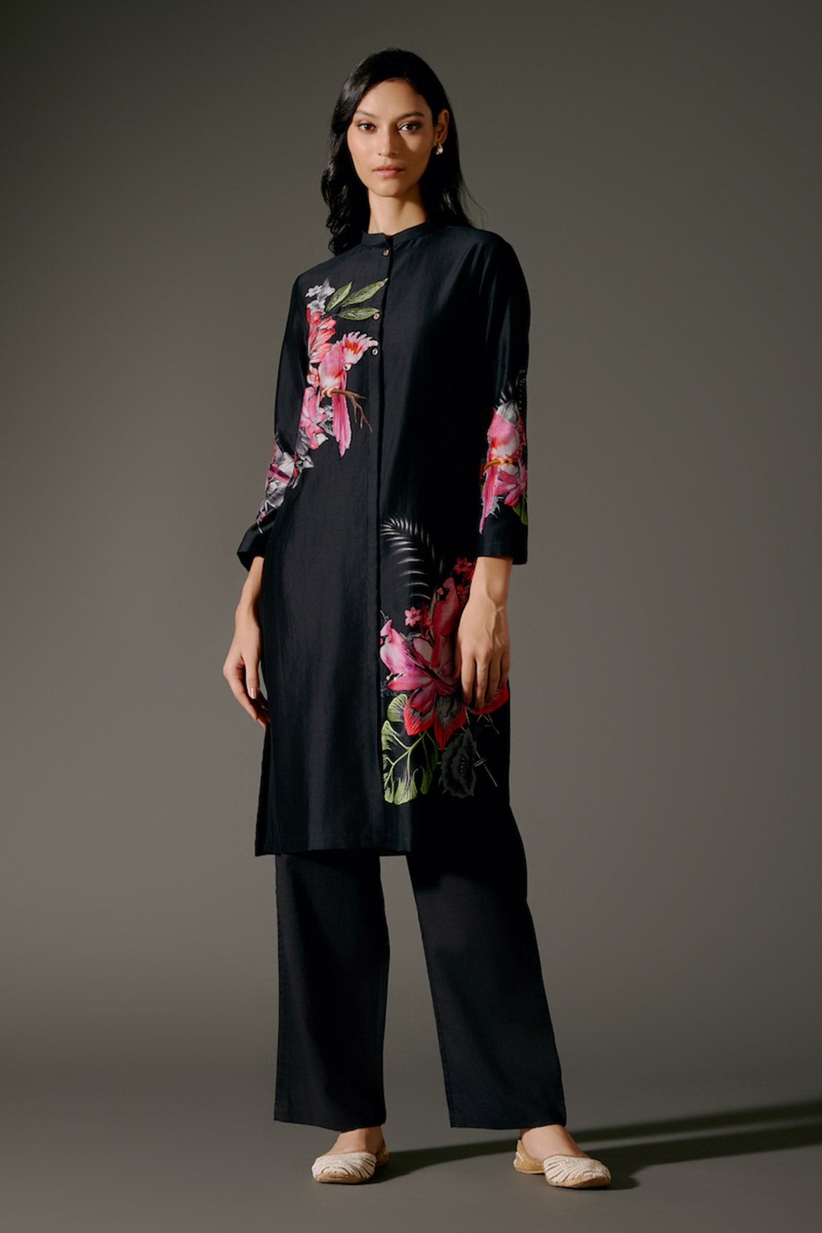 Black Chanderi Kurta Set With Embroidery & Volie Pant