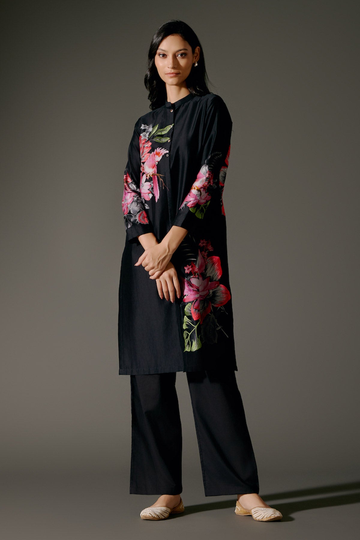 Black Chanderi Kurta Set With Embroidery & Volie Pant