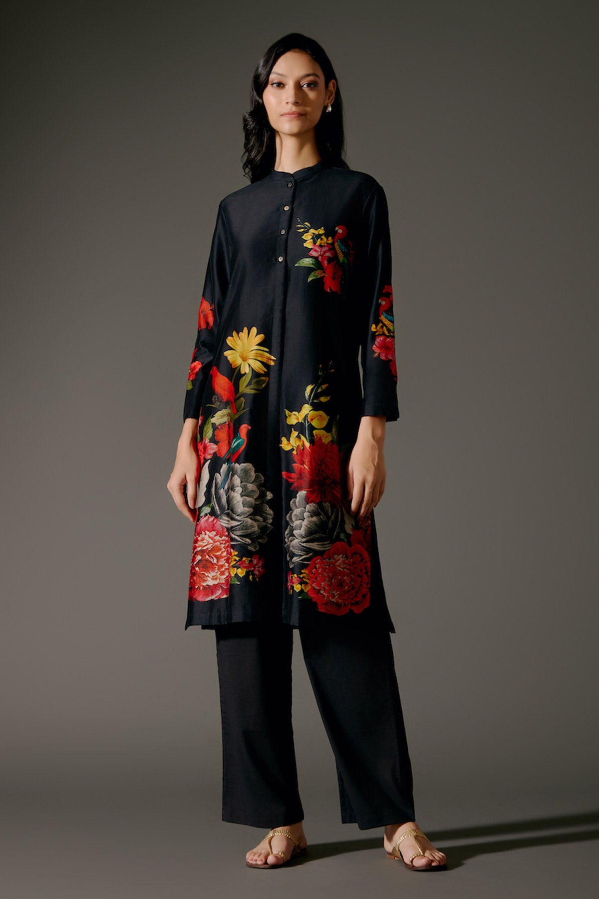 Black Chanderi Kurta Set With Embroidery & Volie Pant