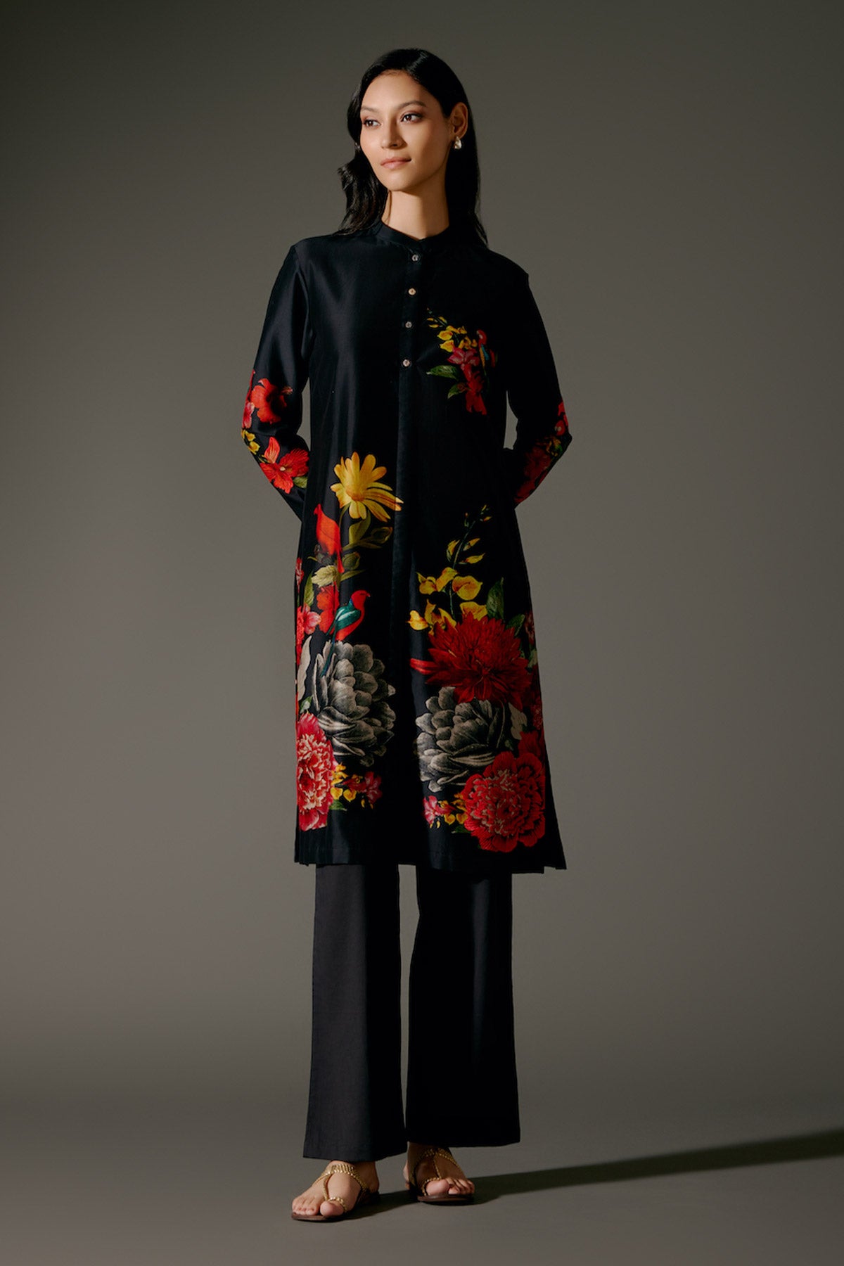 Black Chanderi Kurta Set With Embroidery & Volie Pant