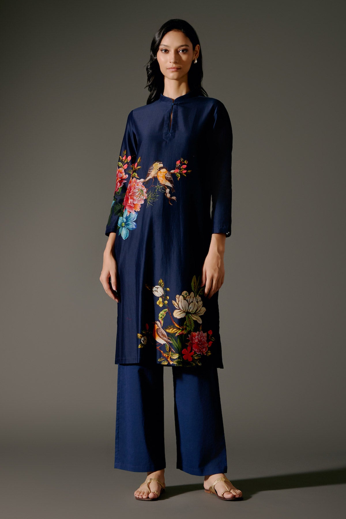 Indigo Chanderi Kurta Set With Digital Print & Embroidery & Volie Pant