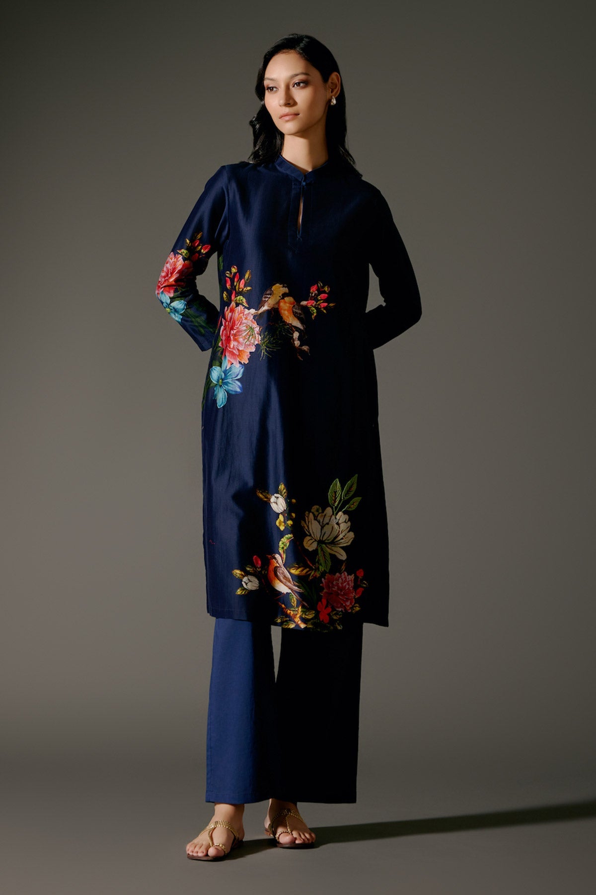 Indigo Chanderi Kurta Set With Digital Print & Embroidery & Volie Pant-RTS