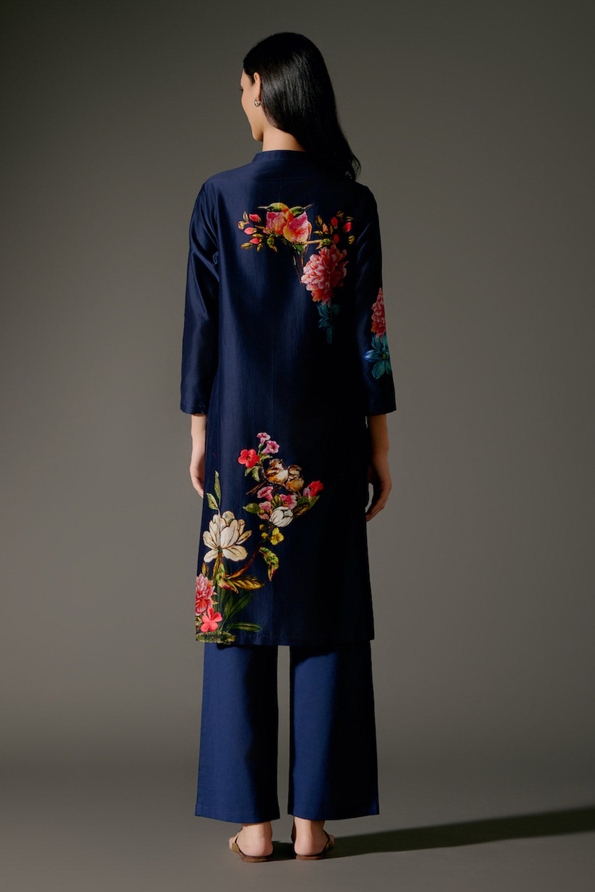 Indigo Chanderi Kurta Set With Digital Print & Embroidery & Volie Pant