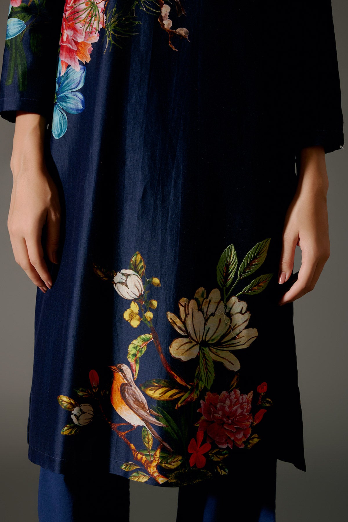Indigo Chanderi Kurta Set With Digital Print & Embroidery & Volie Pant