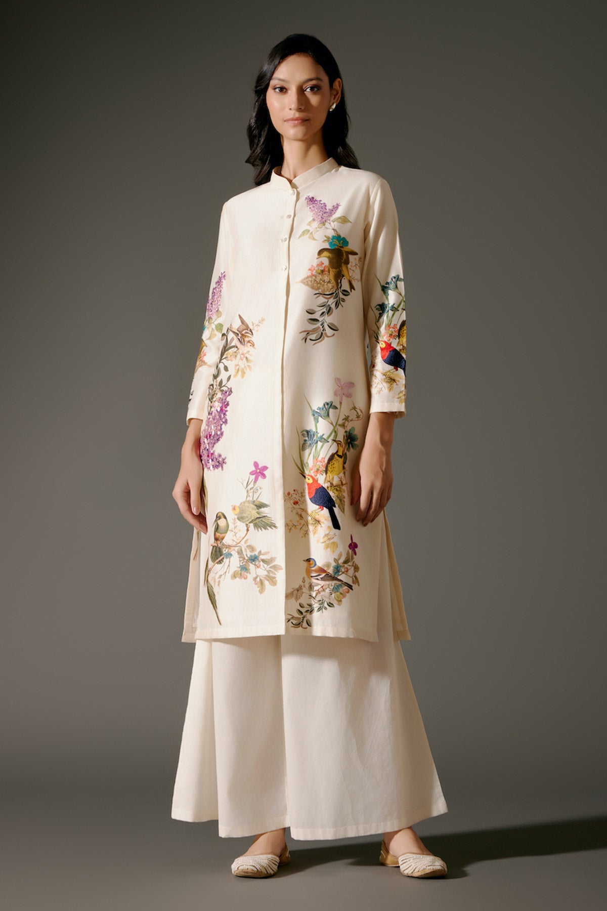 Ivory Chanderi Kurta Set With Embroidery & Volie Pant