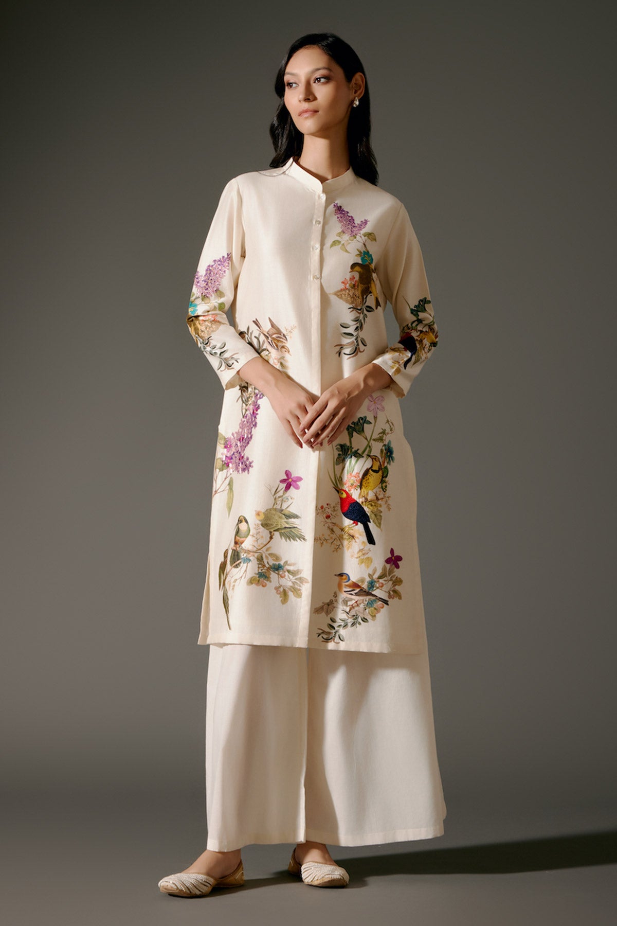 Ivory Chanderi Kurta Set With Embroidery & Volie Pant